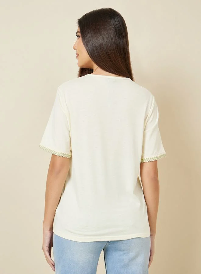 Styli Regular Fit V Neck T-Shirt with Embroidered Hem Sleeves