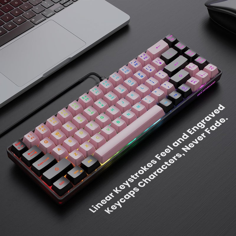 GEODMAER 65% Wired Gaming Keyboard, LED Backlit, Ultra-Compact Anti-Ghosting No-Conflict 68 Keys Membrane Gaming Wired Keyboard for PC Laptop Windows Gamer(Pink-Black) - Image 2