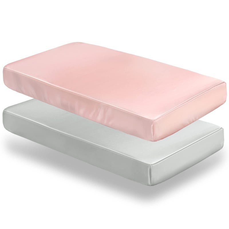 SiinvdaBZX 2 Pcs Satin Crib Sheets for Baby Hair Silky Soft Fitted Crib Sheets for Standard Crib and Toddler Mattress Light Grey  Pink 52 x 28 x 8In