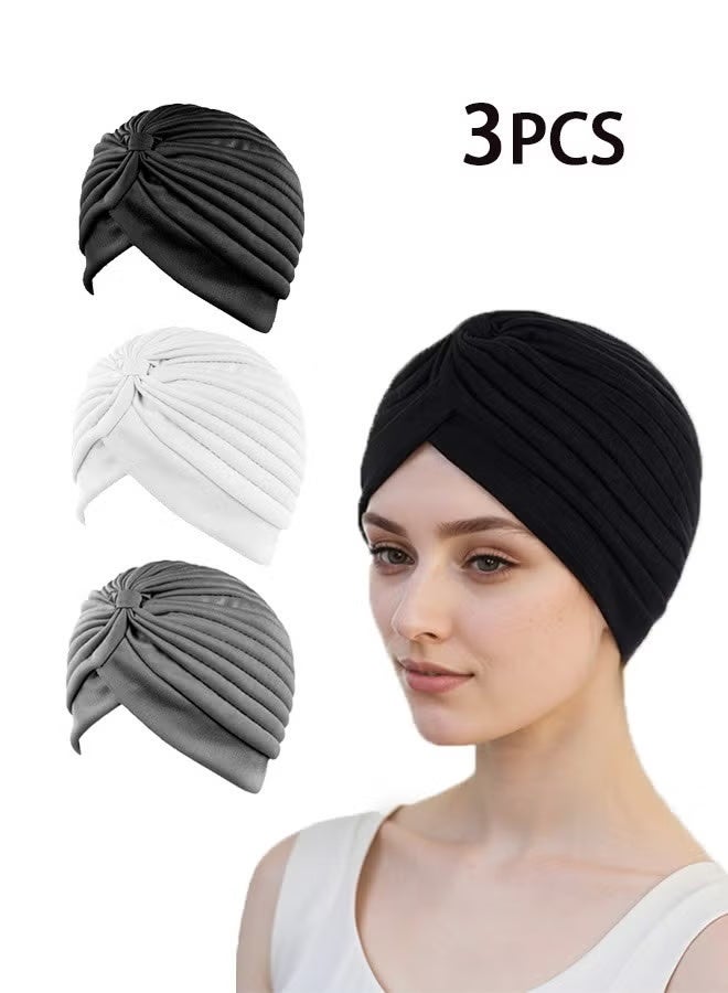 3 Pieces Turbans for Women Soft Turban Head Wrap Pleated Beanie Cap - Image 1