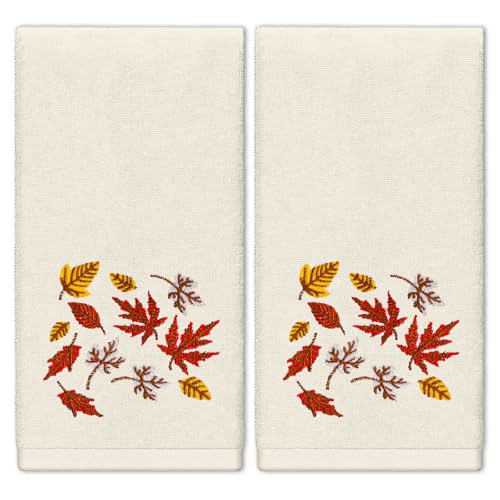 Whaline Fall Maple Leaf Hand Towels Autumn Thanksgiving Cotton Embroidered Bathroom Towel Absorbent Bath Towel for Hand Drying Cleaning Cooking 295 x 137 Inch 2Pcs - Image 1