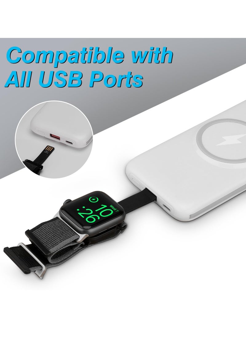 Wireless Rechargeable Nylon Band for Apple Watch Series 8/7/6/5/4/3/2/1/SE, Adjustable Length, USB-A Charging, Fast Charging, Waterproof, Stretchy, On-the-Go Charging