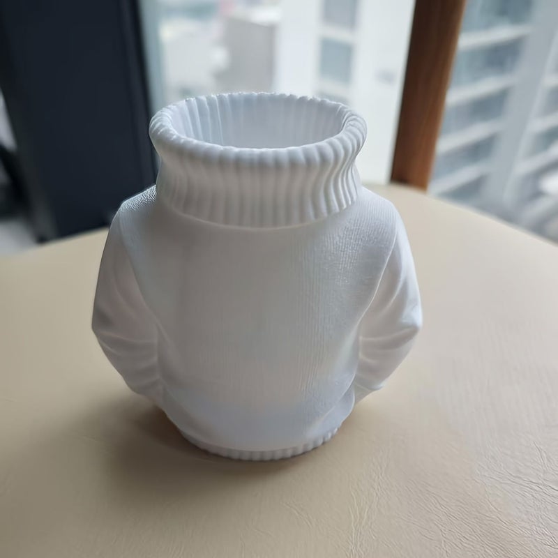 White 3D Printed Turtleneck Sweater Pen Holder for Desk Organization - Image 2