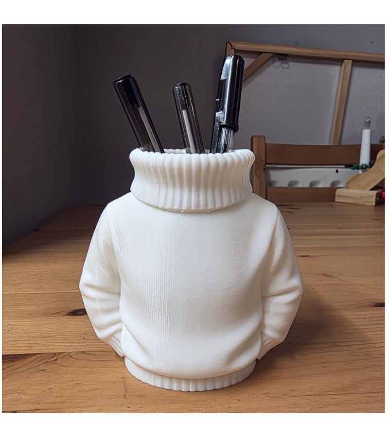 White 3D Printed Turtleneck Sweater Pen Holder for Desk Organization - Image 1