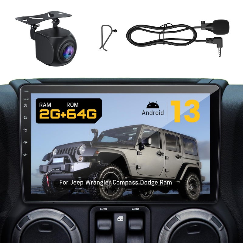WonVon Upgraded 10" Car Radio Stereo for Jeep Wrangler JK 2007-2018 Dodge Ram 1500 2500 3500 Grand Cherokee, CarPlay/Android Auto/Android 13/2G+64G/GPS Navigation/Backup Camera,Built in Cooling Fan - Image 1
