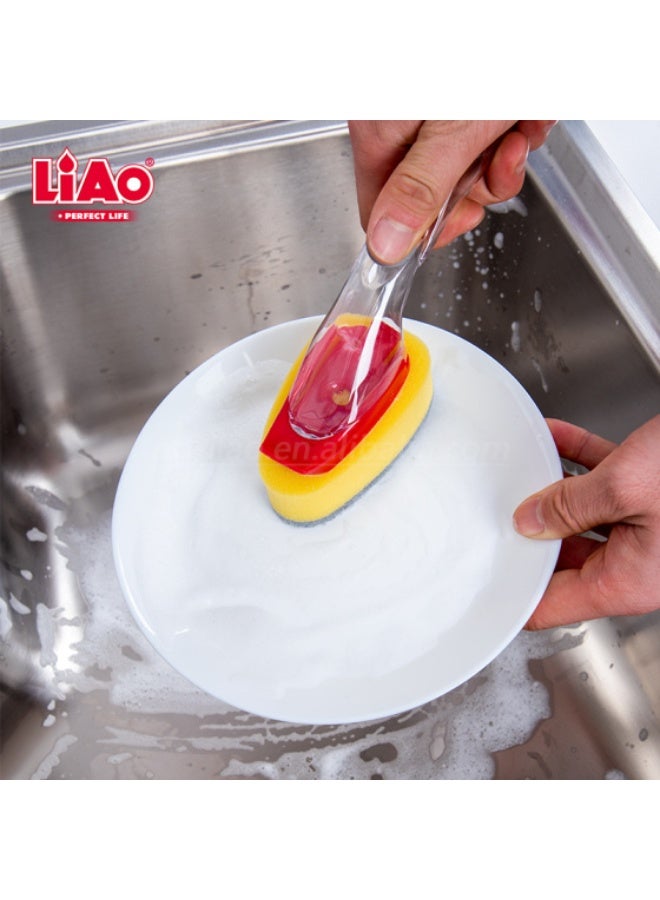 Liao لياو OCN-D130086 مجموعة أدوات تنظيف الصحون مع موزع صابون - أداة تنظيف مطبخ صفراء مع خزان صابون مدمج، مقبض مريح، شعيرات متينة لغسل الصحون، الأواني، المقالي، والأدوات - Image 4