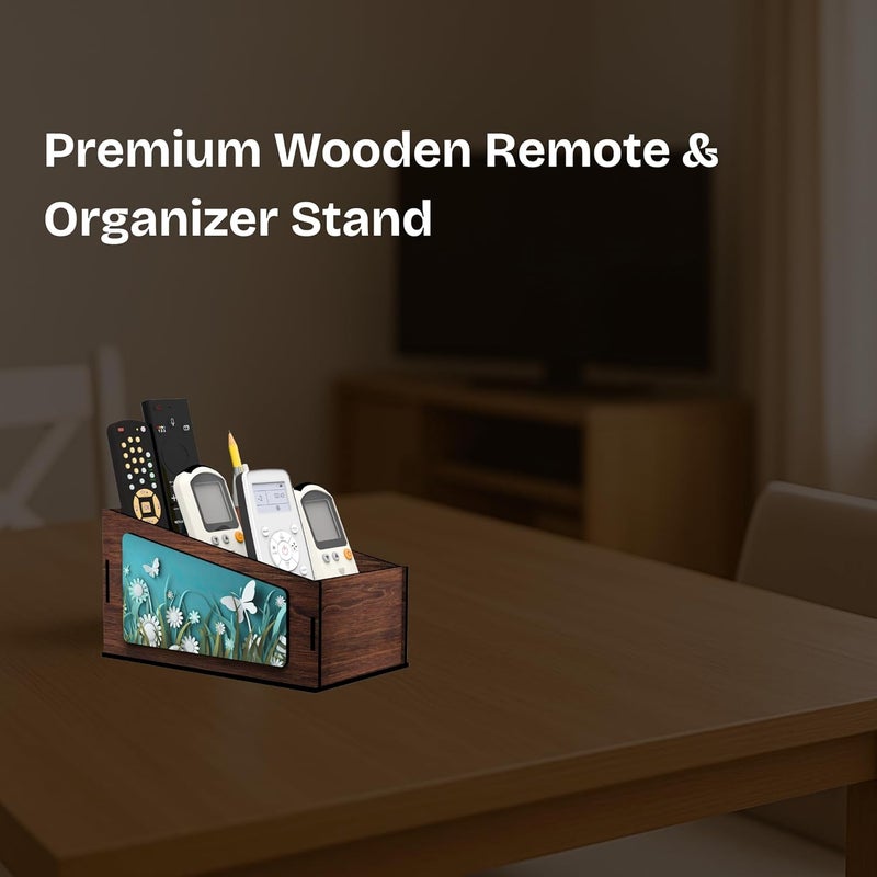 AVATAAR STUDIO Multipurpose Wooden Remote Stand Organizer with 3 Compartments, Premium Engineered Wood Desk Organizer for TV/AC Remotes, Stationery, Charger, Home & Office Use (Dark Walnut) - Image 2