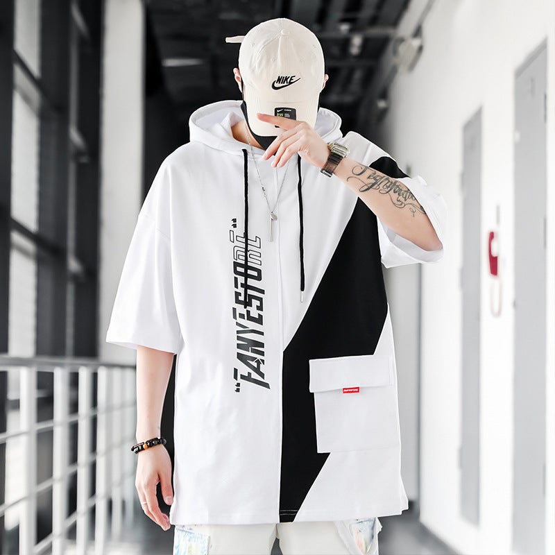 Hooded Short-sleeved T-shirt Men's Summer Ins Trendy Brand Trendy Teenager All-match Loose Flaty Handsome Half-sleeved T-shirt Base Shirt - Image 4
