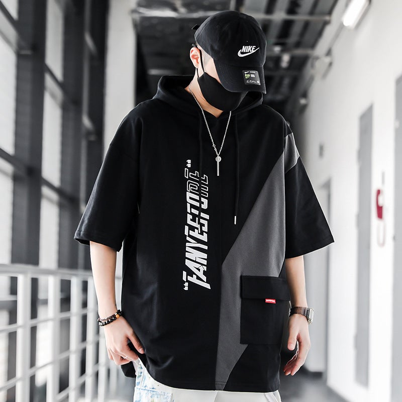 Hooded Short-sleeved T-shirt Men's Summer Ins Trendy Brand Trendy Teenager All-match Loose Flaty Handsome Half-sleeved T-shirt Base Shirt - Image 2