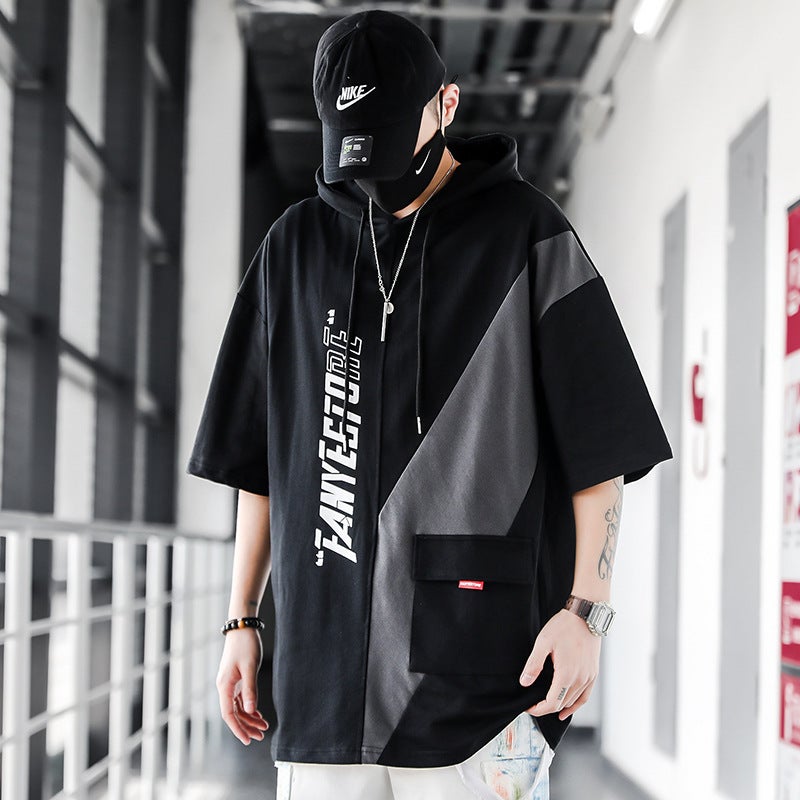 Hooded Short-sleeved T-shirt Men's Summer Ins Trendy Brand Trendy Teenager All-match Loose Flaty Handsome Half-sleeved T-shirt Base Shirt - Image 3