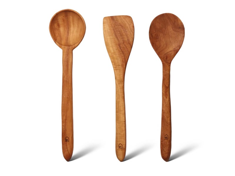 Vesta Homes Vesta Homes Neem Wood Spoon Compact Flip SpatulaLadle for Cooking DosaRotiChapati Soup and Vegetables Premium Wooden Kitchen Tools No Polish Naturally Antibacterial NonStick Handcarved Set of 3 - Image 1