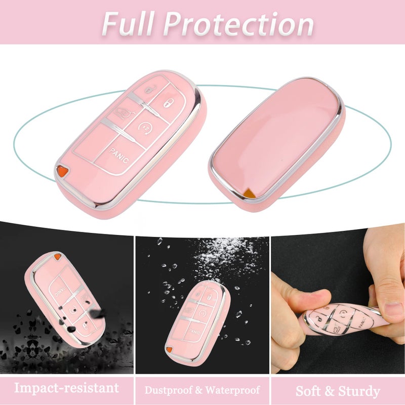 JAMCARI for Dodge Challenger Key Fob Cover - 3 4 5 Buttons Soft TPU Key Fob Case for Durango Charger Jeep Grand Cherokee Renegade Compass Comander Full Protection Car Key Cover with Bling Keychain - Image 3