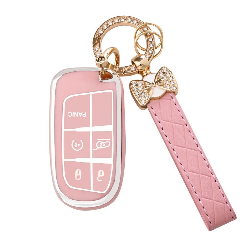 JAMCARI for Dodge Challenger Key Fob Cover - 3 4 5 Buttons Soft TPU Key Fob Case for Durango Charger Jeep Grand Cherokee Renegade Compass Comander Full Protection Car Key Cover with Bling Keychain - Image 1