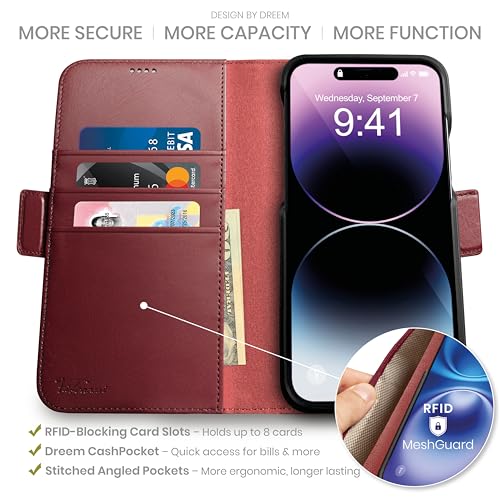 Dreem Wallet Case for iPhone 14 Pro 2 Way Phone Stand Magnetic Detachable Vegan Leather Flip Cover RFID Blocking Card Holder MagSafeFit Gift Box Fibonacci Burgundy - Image 3