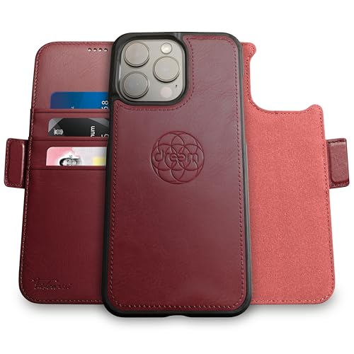 Dreem Wallet Case for iPhone 14 Pro 2 Way Phone Stand Magnetic Detachable Vegan Leather Flip Cover RFID Blocking Card Holder MagSafeFit Gift Box Fibonacci Burgundy - Image 1