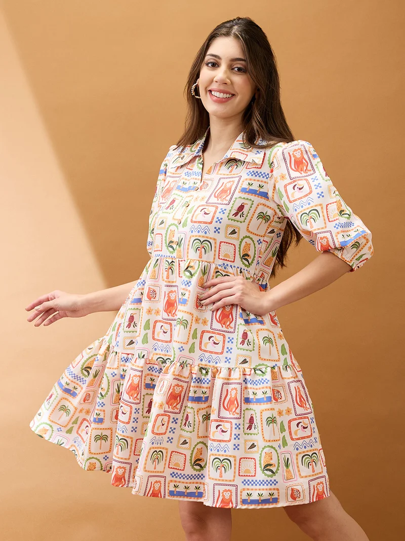 globus Globus Women Off White Shirt Collar Puff Sleeves Abstract Print Tiered A-Line Fusion Dress