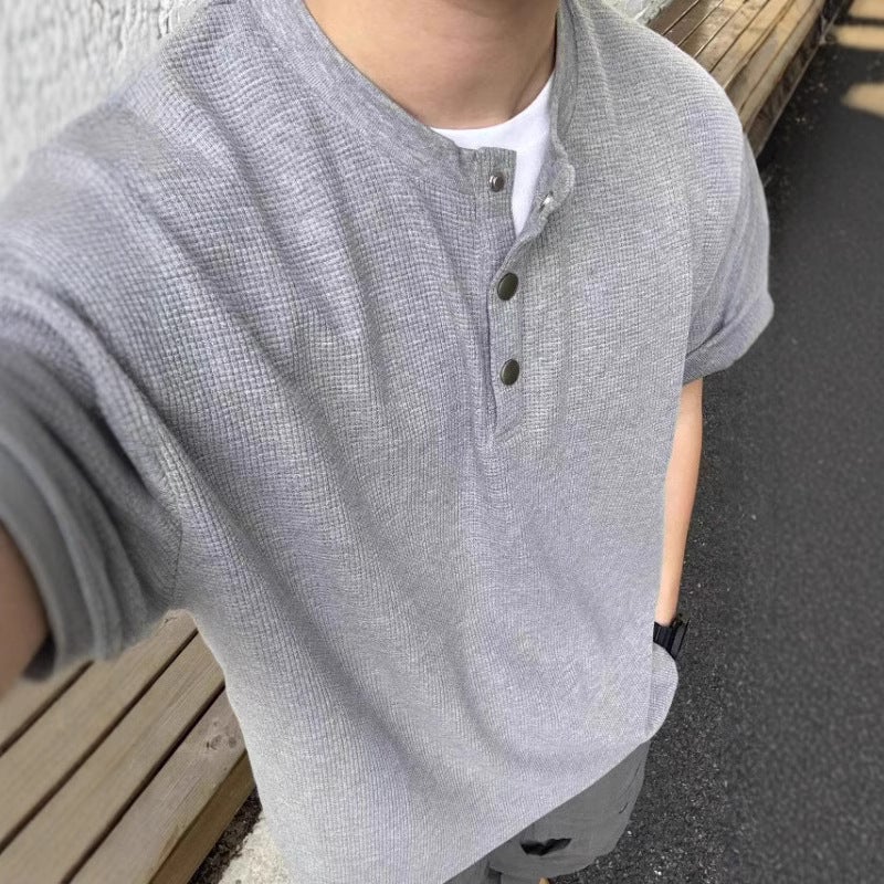 American Henry Collar T-Shirt Men'S Summer Cleanfit Trendy Brand Simple Right Shoulder Short-Sleeved High-End Waffle T-Shirt