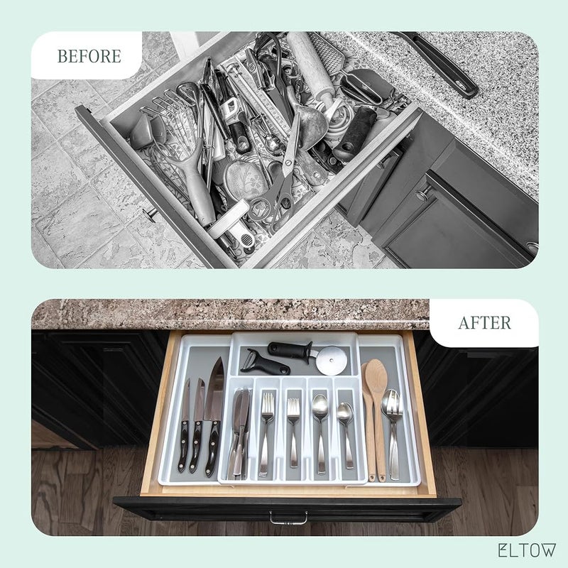 ELTOW منظم أدوات المائدة الفضية القابل للتوسيع ELTOW، 8 أقسام، غير قابل للانزلاق وقابل للتعديل، لأدراج المطبخ، تنظيم المطبخ للأدوات وأدوات المائدة، تخزين الأطباق - اللون أبيض - Image 5
