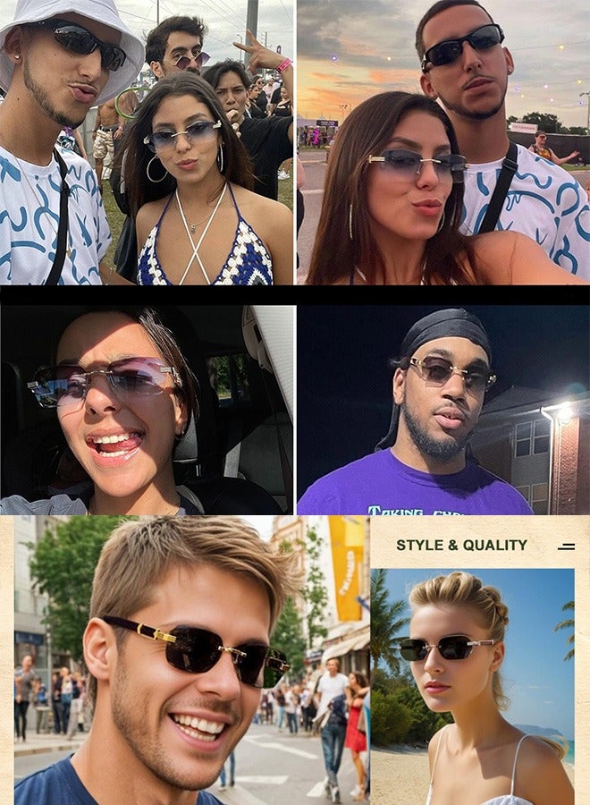 Eckek Rimless Sunglasses Women Men Wood Grain Frameless Fashion Sun Glassess Mens Womens Rectangle Men's Sunglasses Ladies Sunglass Vintage Eyewear UV400 Protection Shades Tinted Gradient Lens Black - Image 4
