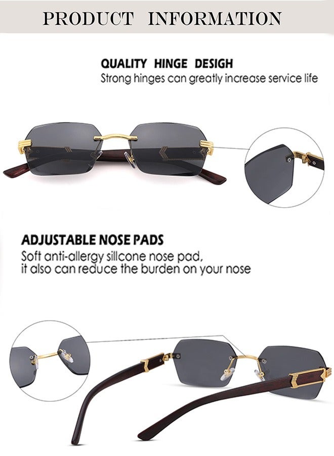 Eckek Rimless Sunglasses Women Men Wood Grain Frameless Fashion Sun Glassess Mens Womens Rectangle Men's Sunglasses Ladies Sunglass Vintage Eyewear UV400 Protection Shades Tinted Gradient Lens Black - Image 5