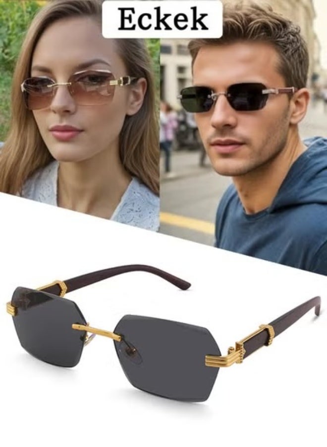 Eckek Rimless Sunglasses Women Men Wood Grain Frameless Fashion Sun Glassess Mens Womens Rectangle Men's Sunglasses Ladies Sunglass Vintage Eyewear UV400 Protection Shades Tinted Gradient Lens Black - Image 1