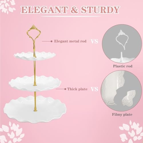 NAXIHOPT 5 Pcs Dessert Table Display Set, White Plastic 2 Pcs Round 3 Tier Cupcake Stand Cup Cake Tower Stand with Metal Rod & 3 Pcs Serving Tray for Baby Shower, Tea Party, Wedding, Birthday Party - Image 3