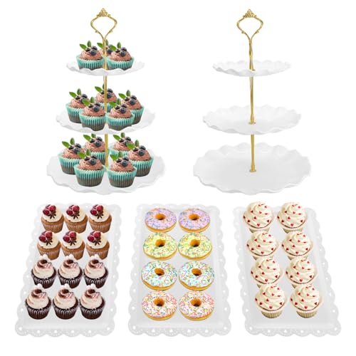 NAXIHOPT 5 Pcs Dessert Table Display Set, White Plastic 2 Pcs Round 3 Tier Cupcake Stand Cup Cake Tower Stand with Metal Rod & 3 Pcs Serving Tray for Baby Shower, Tea Party, Wedding, Birthday Party - Image 1