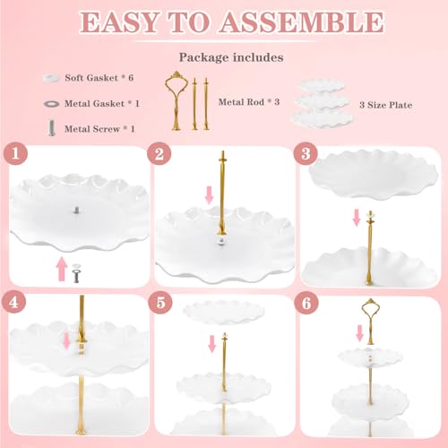NAXIHOPT 5 Pcs Dessert Table Display Set, White Plastic 2 Pcs Round 3 Tier Cupcake Stand Cup Cake Tower Stand with Metal Rod & 3 Pcs Serving Tray for Baby Shower, Tea Party, Wedding, Birthday Party - Image 4