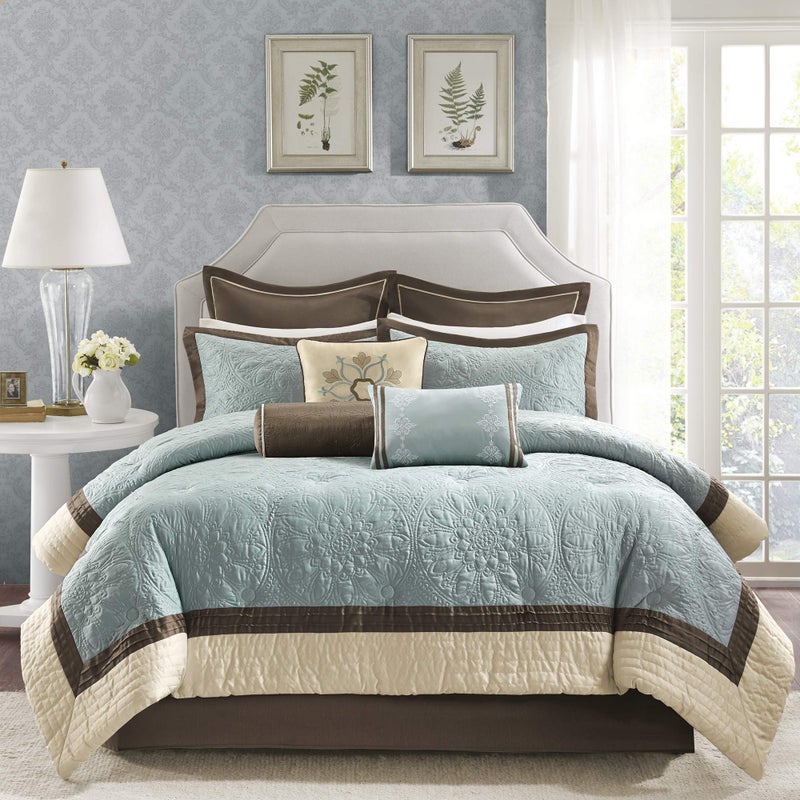 madison park Madison Park Cozy Comforter Set Casual Modern Design All Season Matching Bed Skirt Decorative Pillows Queen92x96 Blue 9 Piece MP10458 