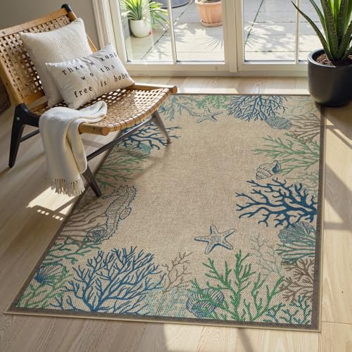 LIVEBOX Modern 3x5 Jute Outdoor Patio Rug Washable Rugs for Entryway Porch Coastal Animal Boho Farmhouse Carpet Non Slip Front Door Mat for Outdoor Indoor Entryway Guestroom Decor Blue 3x5 - Image 1