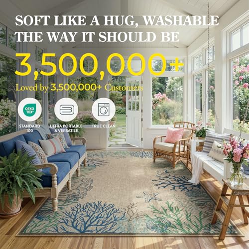 LIVEBOX Modern 3x5 Jute Outdoor Patio Rug Washable Rugs for Entryway Porch Coastal Animal Boho Farmhouse Carpet Non Slip Front Door Mat for Outdoor Indoor Entryway Guestroom Decor Blue 3x5 - Image 3