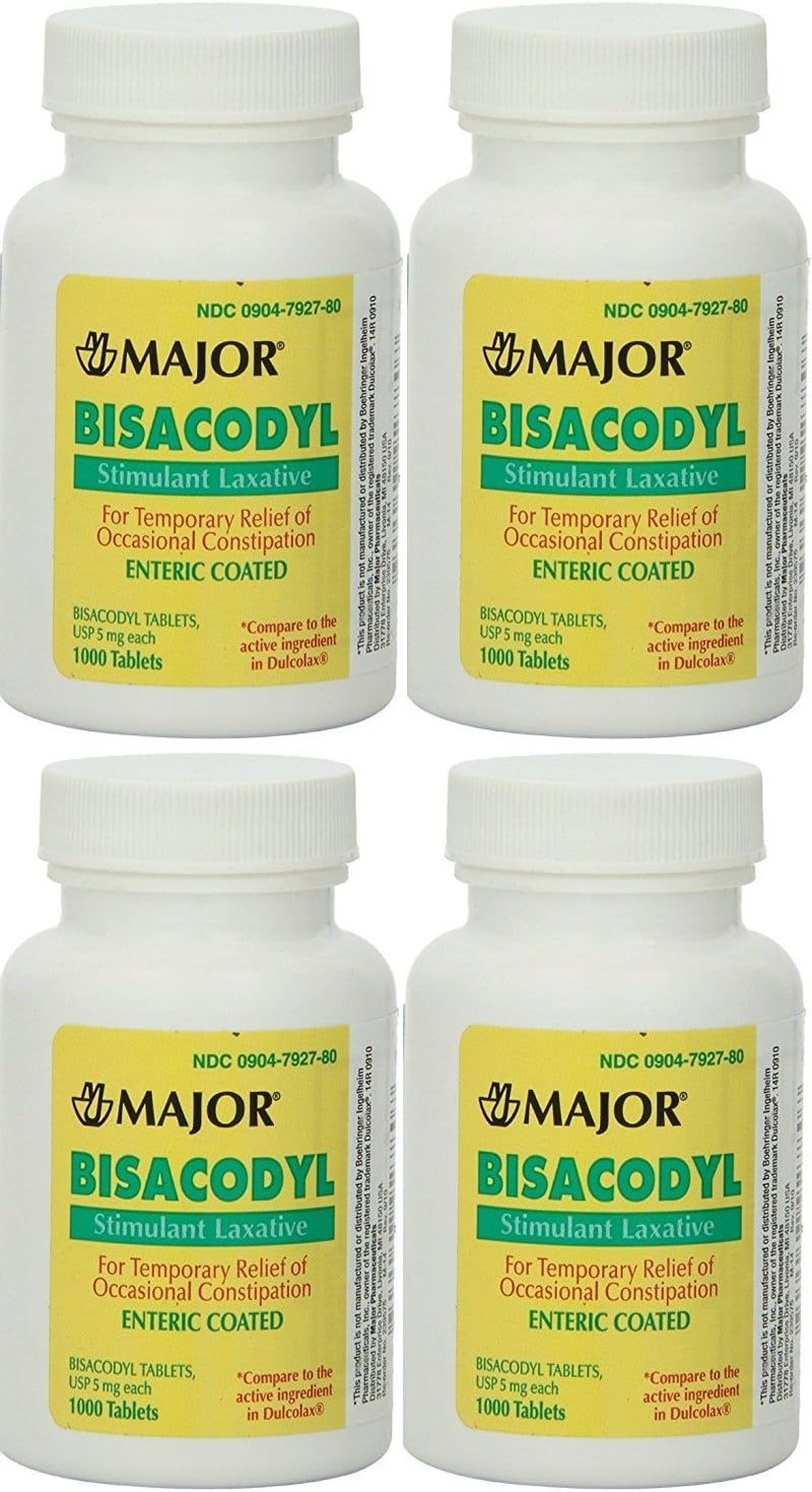 Major Pharmaceuticals MAJOR Bisacodyl 5 mg - Comfort Coated Stimulant Laxative for Gentle, Dependable, Constipation Relief - 1000 Tablets (4 Pack)