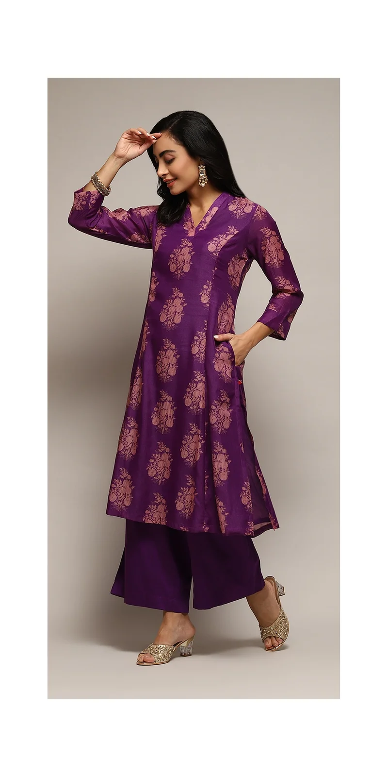Biba Violet Voilet Polyester A-Line Printed Kurta Palazzo Suit Set for Women | Best Price UAE