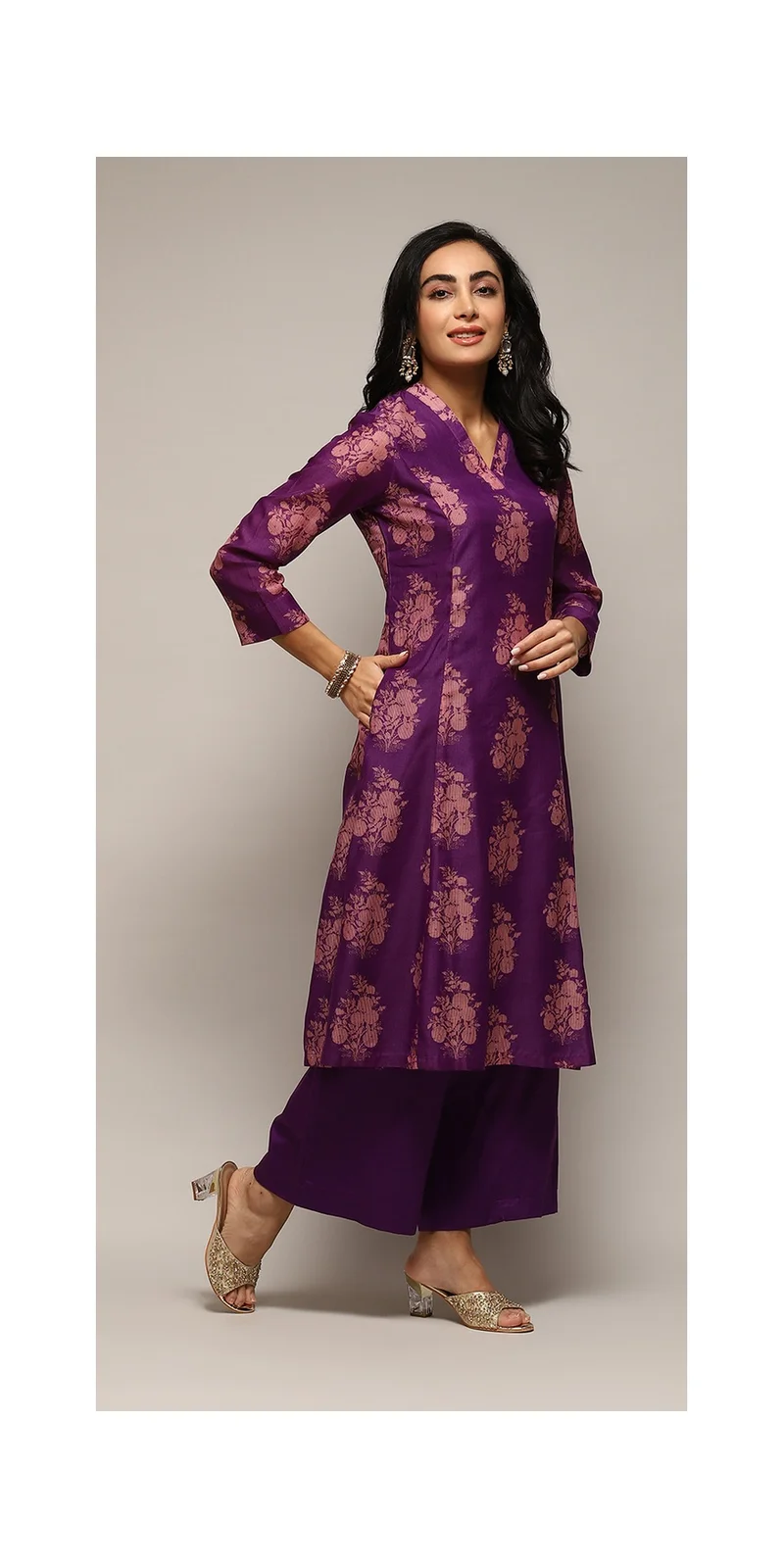 Biba Violet Voilet Polyester A-Line Printed Kurta Palazzo Suit Set for Women | Best Price UAE