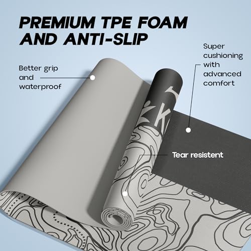 Konex 6mm Premium Printed TPE Yoga Mat with Carry Bag for Men & Women | Water resistant & Anti Slip Exercise Mat for Home Workouts, Gym & Outdoor Activities (Black & Grey) - Image 2