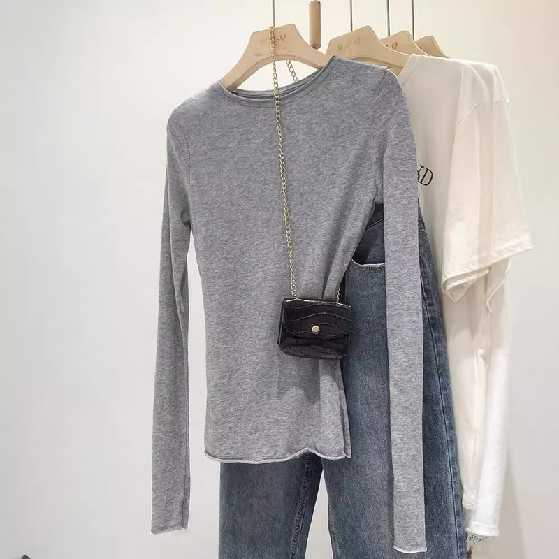 Cotton Slim-Fit Long-Sleeved Top – Solid Color Round Neck Commuting Style - Image 5