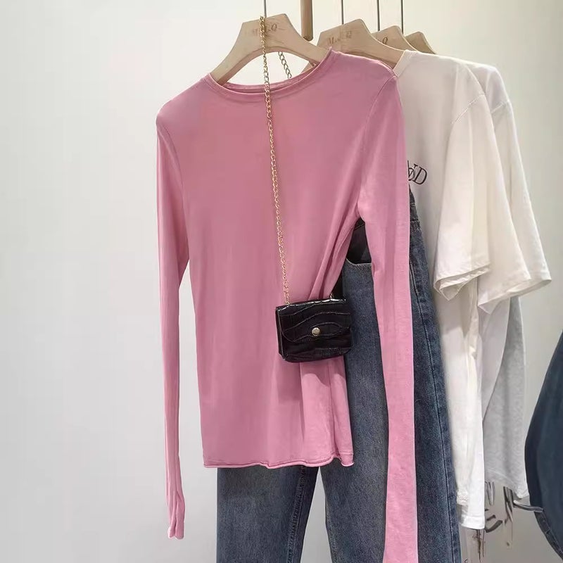Cotton Slim-Fit Long-Sleeved Top – Solid Color Round Neck Commuting Style - Image 2