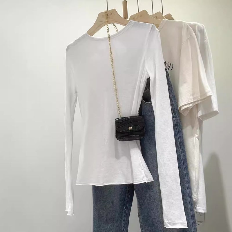 Cotton Slim-Fit Long-Sleeved Top – Solid Color Round Neck Commuting Style - Image 4