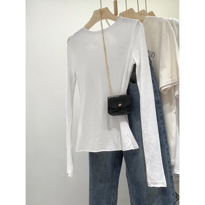 Cotton Slim-Fit Long-Sleeved Top – Solid Color Round Neck Commuting Style - Image 1