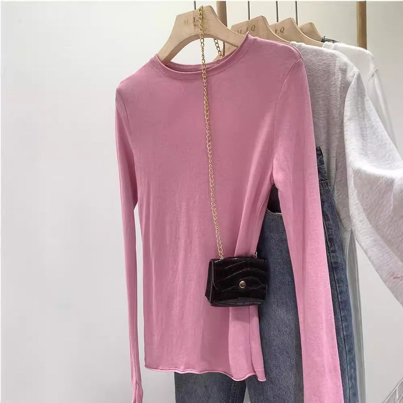 Cotton Slim-Fit Long-Sleeved Top – Solid Color Round Neck Commuting Style - Image 3