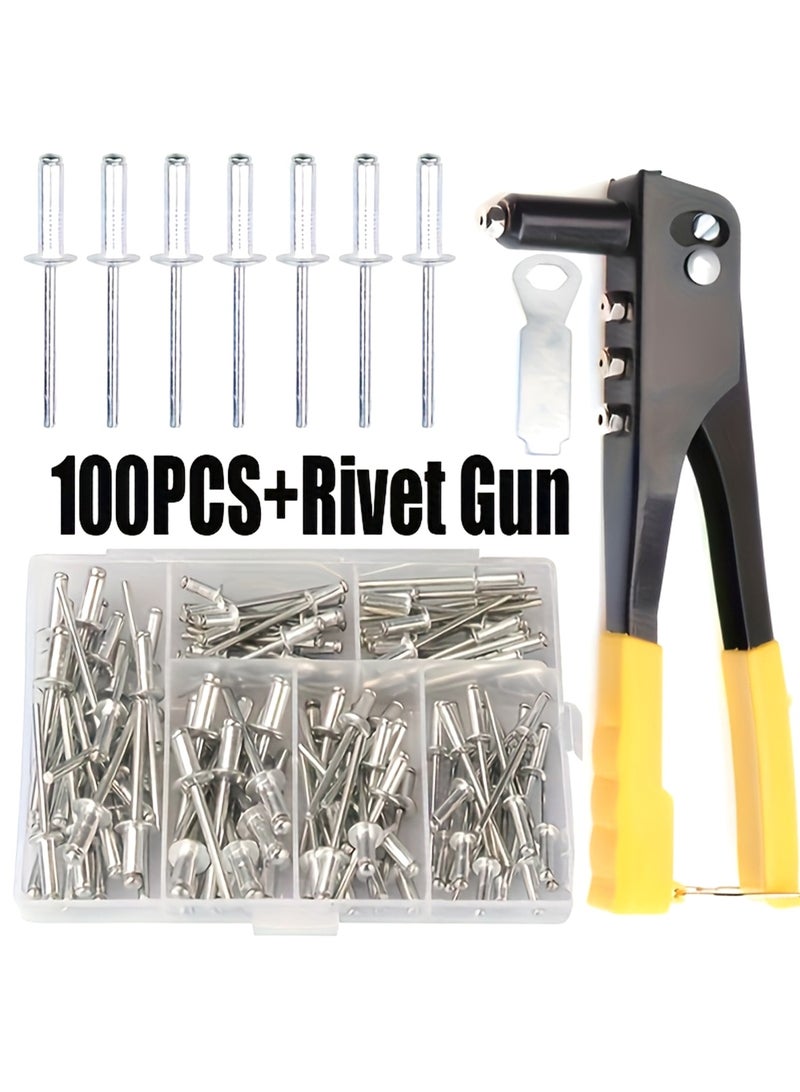LOOPITYS Heavy duty manual rivet gun (equipped with 100 aluminum rivets), professional manual rivet gun Heavy metal rivet gun 9.25-inch rivet gun kit Detachable and labor-saving maintenance manual tool kit - Image 1