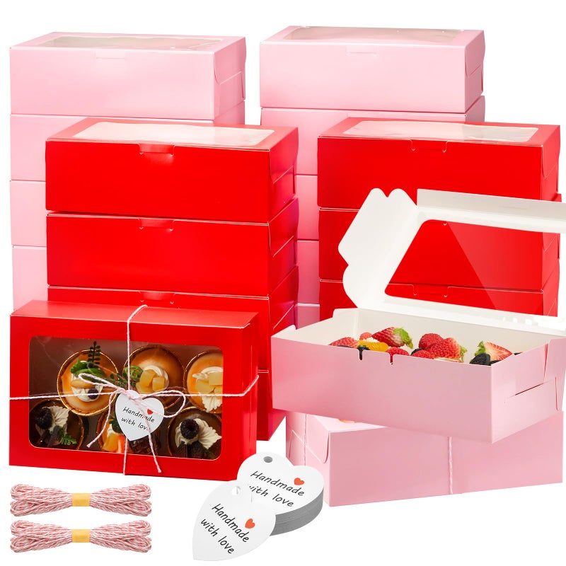 ماكس تشيك مجموعة ماكس تشيك من 50 علبة كوكيز لعيد الحب مع نافذة عرض، مقاس 9×6×3 بوصات، باللونين الأحمر والوردي، مثالية لتقديمها كهدية، مع بطاقة حب مزينة بحبل، مناسبة لعيد الميلاد وعيد الأم وتغليف الشوكولاتة والمعجنات والحلويات. - Image 1