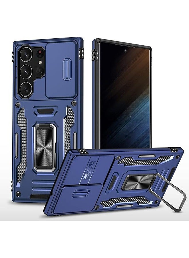 Samsung Galaxy S24 Ultra Case, Shockproof Case, Anti-Fall Drop Protection, Built-in Slide Anti-Scratch Camera Lens Cover, Integrated 360 Degree Rotating Ring Kickstand, Blue - Image 1