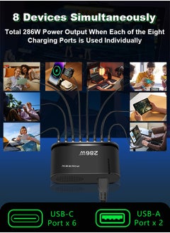 PINREK 286W GaN USB C Charger Fast Charging Station,Wall Charger Hub Block Adapter Plug Cube with 6 PD Type C Ports (1 x 100W,5 x 30W)/2 QC USB A (2 x 18W) Ports,Laptop Charger Certified for MacBook Air Samsung iPhone iPad Galaxy Huawei Xiaomi Google Pixel Apple Watch and More - 1.5m Power Cord/PD 100W Cable  - Image 4