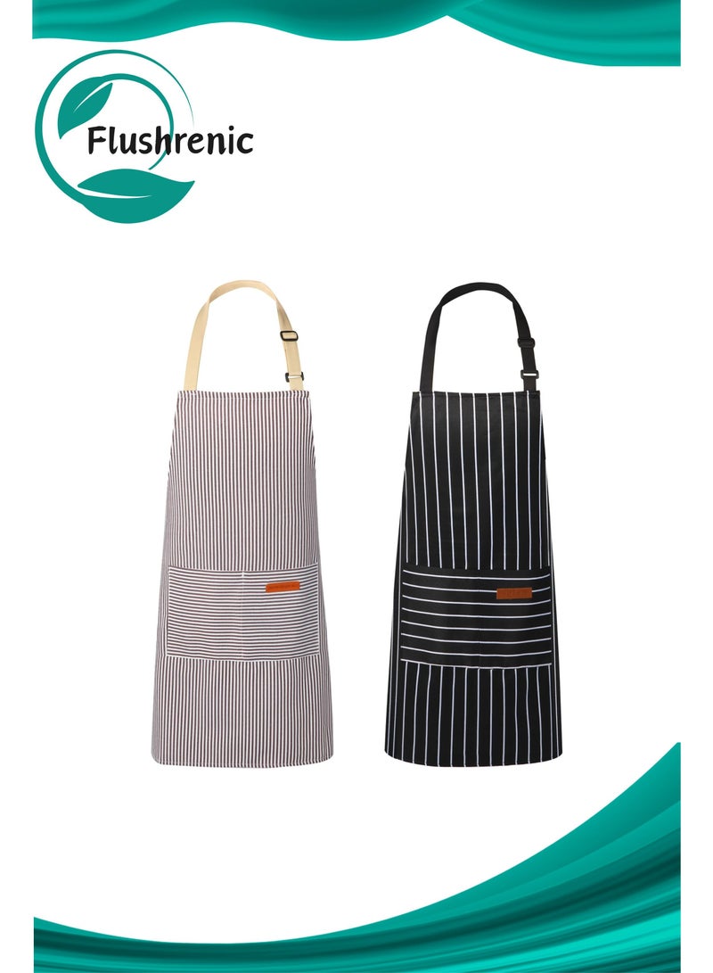 Flushrenic 2 kitchen aprons, cooking aprons with 2 pockets, unisex adjustable neck strap chef aprons, striped design kitchen aprons, chef coffee bib aprons, 2 pockets, adjustable neck strap, waterproof chef aprons (black/grey) - Image 1