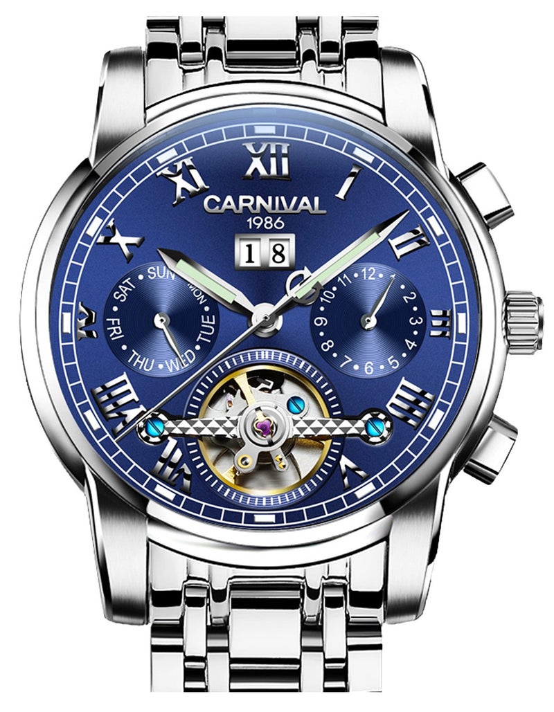 Carnival Luxury Mens tourbillon Automatic Watch Silver Stainless Steel Date Blue Dial Watches - Image 1