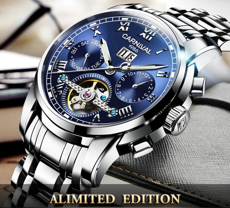Carnival Luxury Mens tourbillon Automatic Watch Silver Stainless Steel Date Blue Dial Watches - Image 2