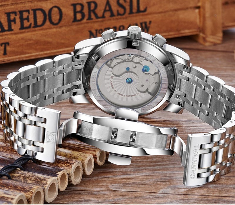 Carnival Luxury Mens tourbillon Automatic Watch Silver Stainless Steel Date Blue Dial Watches - Image 5