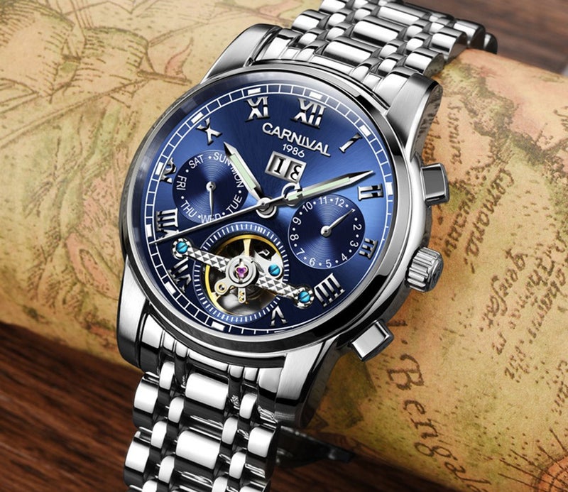 Carnival Luxury Mens tourbillon Automatic Watch Silver Stainless Steel Date Blue Dial Watches - Image 4
