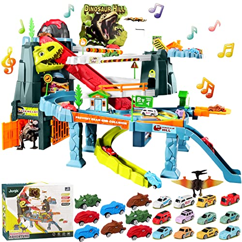 Juqic Childrens Toy Car Ramp Track Dinosaur Spray Hills Adventure Railcar Slot Car Vehicle Race Play Set with 20 Mini Cars for Preschool Boys Puzzles Gifts Kids Ages 3 to 6 or Older Spray Dinosaur - Image 1